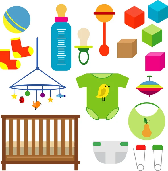 Kinderset Spielzeug Kleidung Windeln Kinderbett Mit Zaun Würfel Vektor Auf — Stockvektor