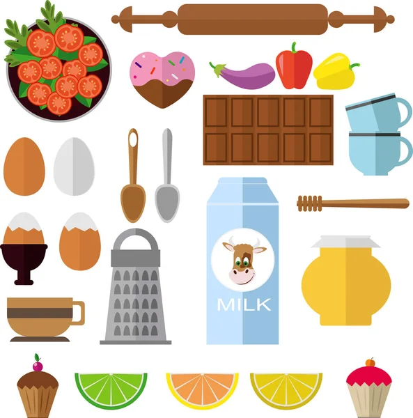 Vector set of food and dishes: mugs, rolling pin, vegetables, honey, dishes, milk.