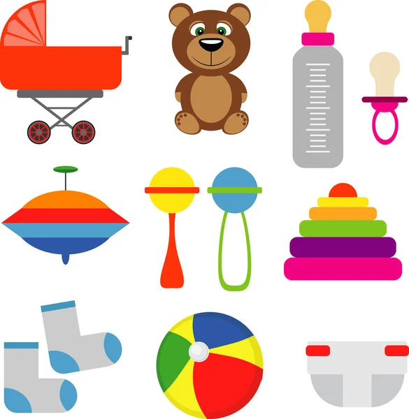 Baby Kit Stroller Feeding Bottle Socks Toys Vector Illustration Flat — Stock Vector