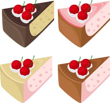 Tatlı kek kiraz ile. Tatlı kek jöle ve sufle katmanları ve Ahududu reçeli vektör simgesi. Dört kek kümesi.