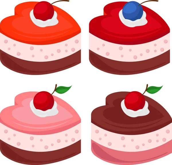 Kalp şeklinde kek kümesi. Sufle kek tatlı yeme vektör çizim Tema.