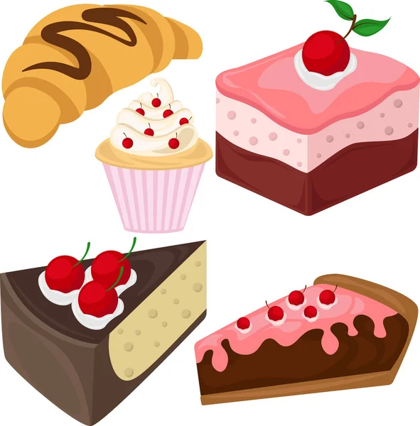 Kek, cheesecakes ve kruvasan kümesi. Şekerleme konulu vektör çizim.