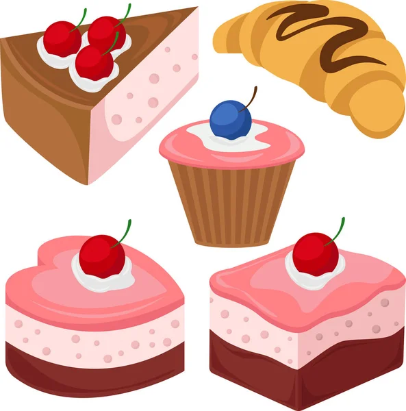 Kek, cheesecakes ve kruvasan kümesi. Şekerleme konulu vektör çizim.