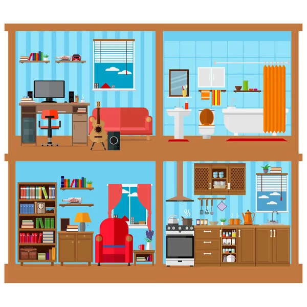 リビング ルームの大規模なセット: リビング ルーム、寝室、お風呂、キッチン。アーキテクチャのテーマのベクトル図. — ストックベクタ