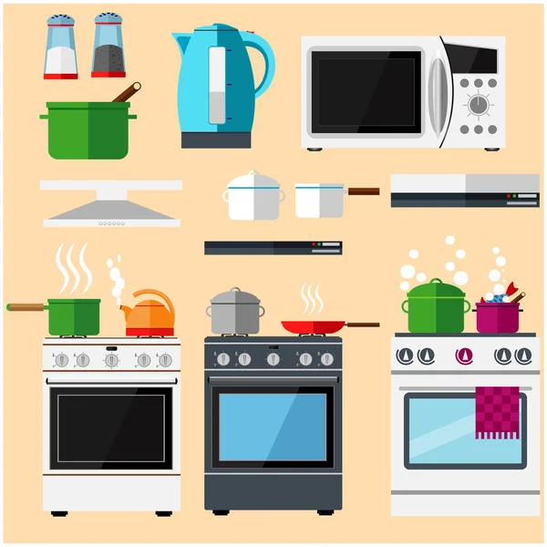 Комплект кухонной техники и посуды. Кухонные газовые плиты, микроволновая печь и кастрюли. Векторная иллюстрация . — стоковый вектор