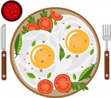 Domates ve otlar ile kızarmış yumurta. Sebze vektör illüstrasyon ile Kahvaltı omlet.