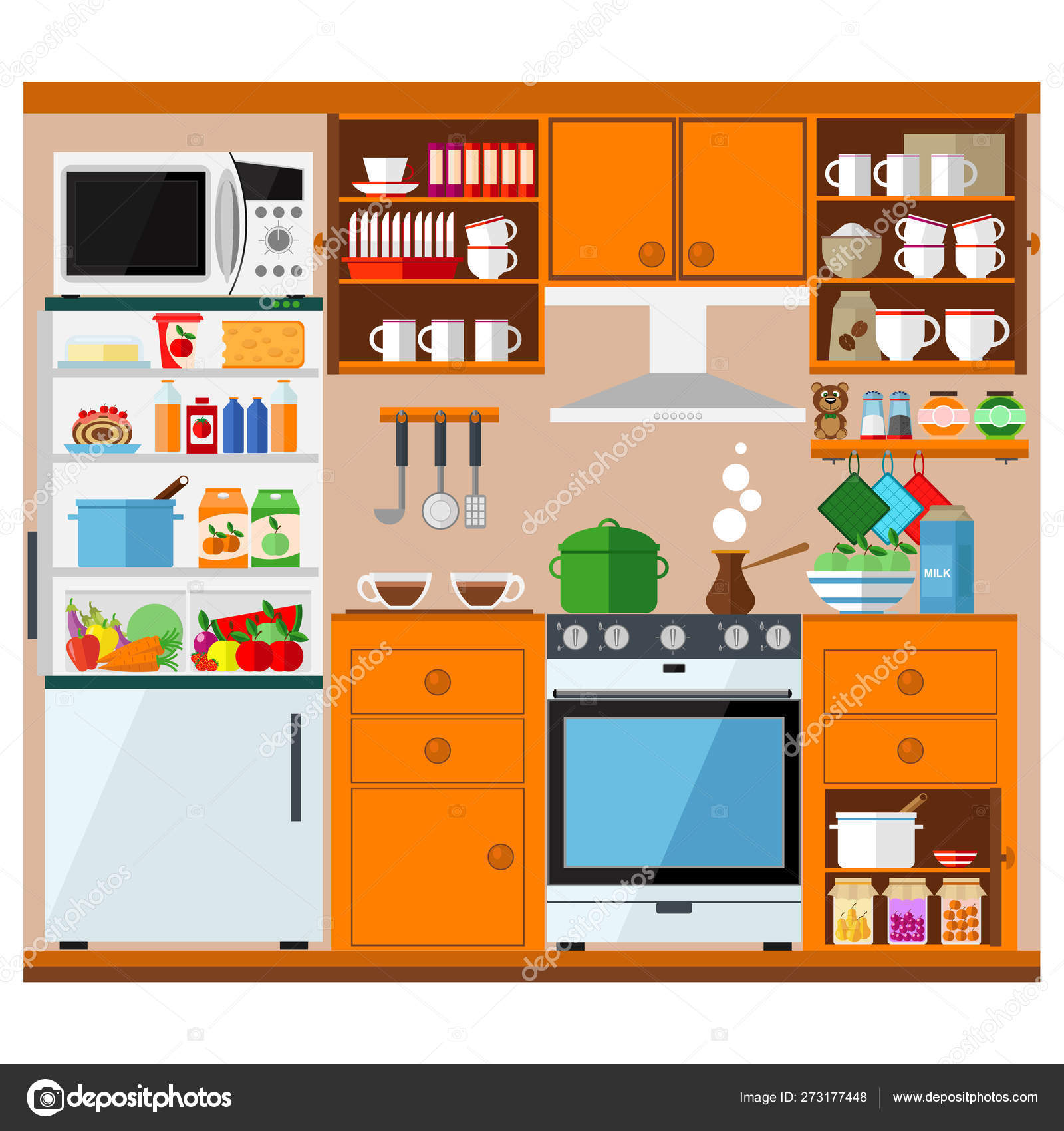 Acogedor hogar cocina con gabinetes, estufa, refrigerador y utensilios