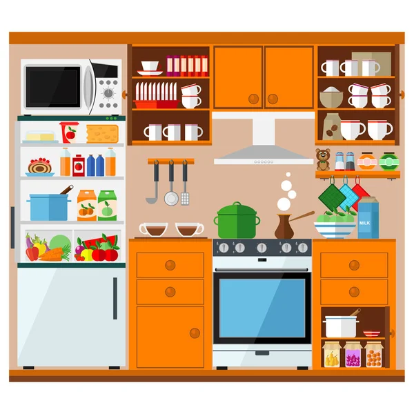 Уютная домашняя кухня с шкафами, плитой, холодильником и посудой. Векторная иллюстрация в плоском стиле . — стоковый вектор