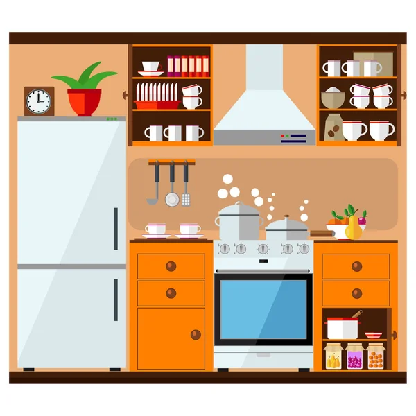 Acogedora cocina casera con armarios, estufa, nevera y utensilios. Ilustración vectorial en estilo plano . — Archivo Imágenes Vectoriales