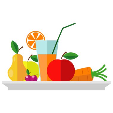 Taze meyve ve sebze seti. Bitki sağlığı gıda teması vektör illüstrasyon.