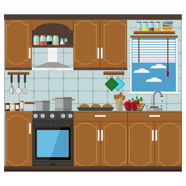 Cocina con muebles, fregadero, extractor, ventana y cocina de alimentos en la estufa de gas. Ilustración vectorial . — Vector de stock