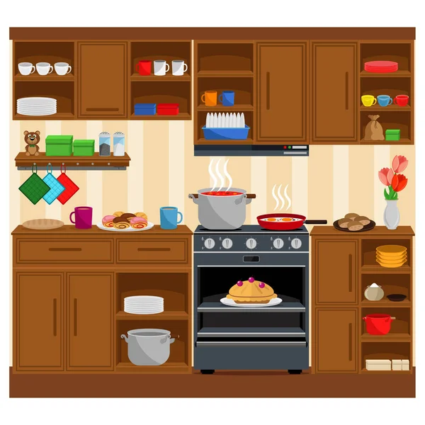 Acogedora cocina con muebles, utensilios de cocina, estufa y horno. Ilustración vectorial sobre el tema del interior y la cocina . — Archivo Imágenes Vectoriales