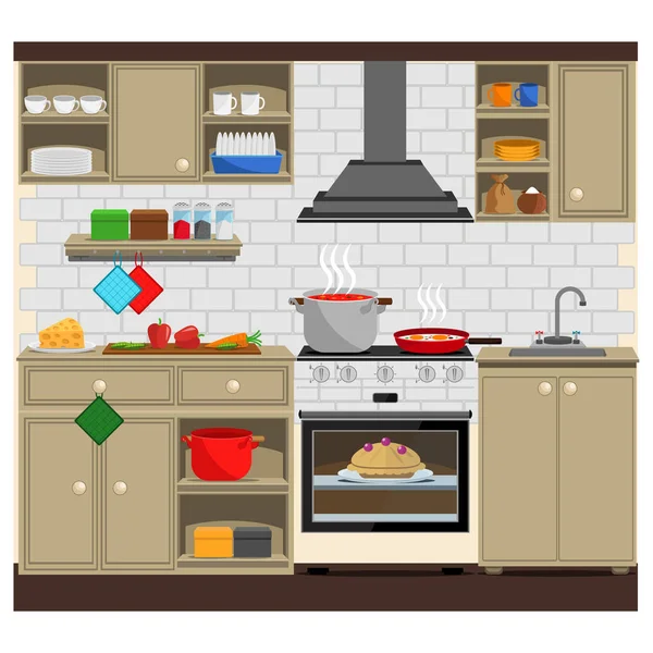 Acogedora cocina casera con estufa, armarios, vajilla, fregadero y horno. Ilustración vectorial sobre el tema del diseño de interiores . — Archivo Imágenes Vectoriales