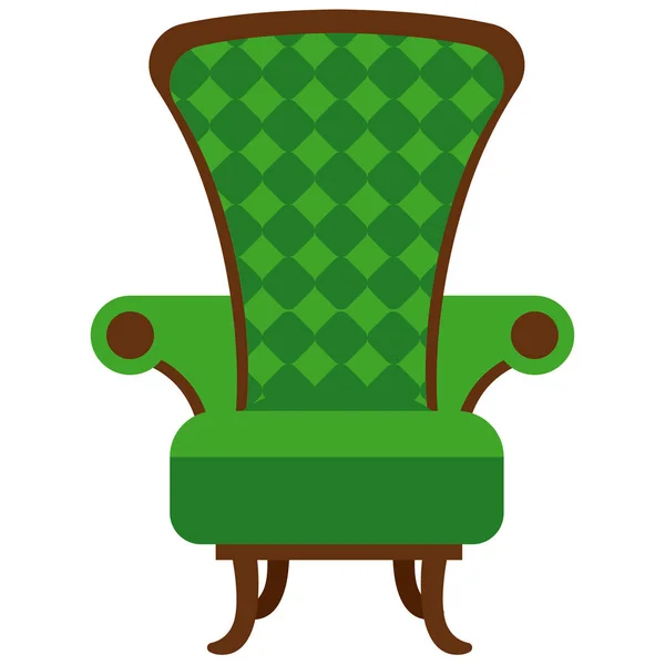 Gemütlicher heimeliger grüner Stuhl mit Armlehnen und hoher Rückenlehne. Vektorillustration ist kein Möbelthema. — Stockvektor