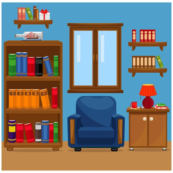 Απεικόνιση διανύσματος σαλονιού με πολυθρόνα, Βιβλιοθήκη, κομοδίνο και παράθυρο. — Διανυσματικό Αρχείο