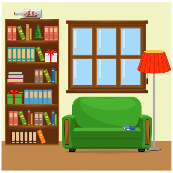 Vektorillustration mit Sofa, Bücherregal, Fenster und Lampe. Das Innere des Wohnzimmers. — Stockvektor