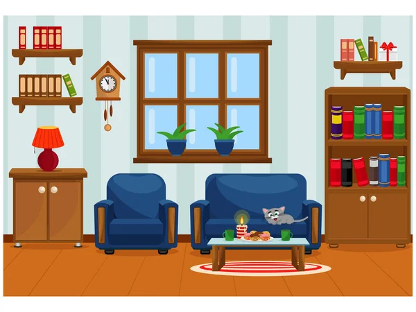 Ilustracja wektora z sofą, półką na książki, oknem i lampą. Wnętrze salonu. — Wektor stockowy