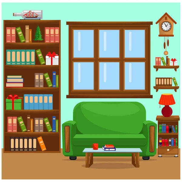 Ilustracja wektora z sofą, półką na książki, oknem i lampą. Wnętrze salonu. — Wektor stockowy