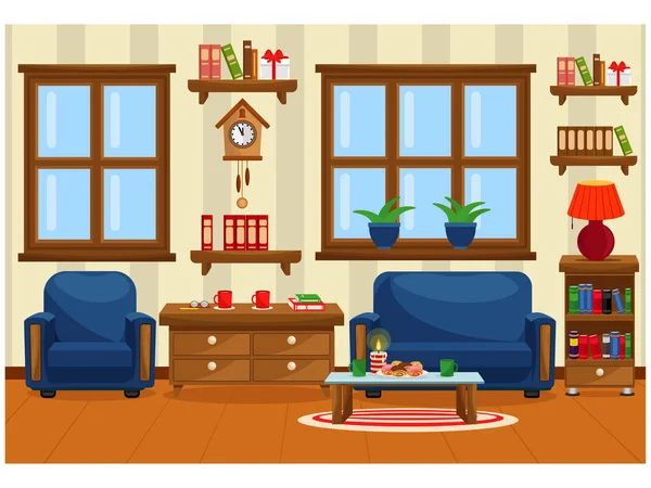 Ilustración vectorial con sofá, librería, ventana y lámpara. El interior del salón. — Vector de stock