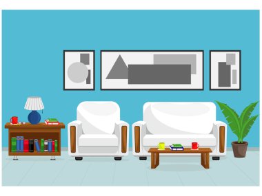 Minimalist tarzda oturma odası iç. Vektör çizim, mobilya ayarla.
