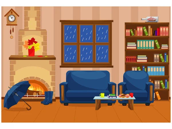 Otthonos meleg szoba kandallóval őszi nap. Vektoros illusztráció belső bútorok esernyő, csizmák és csokor őszi levelek. — Stock Vector