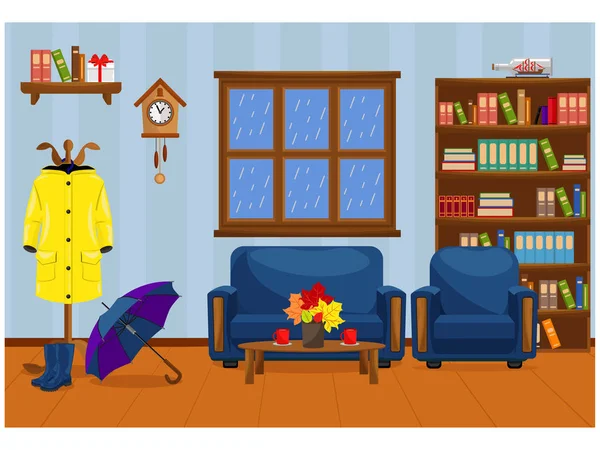 Salón de otoño con sofá, sillón, impermeable, botas y paraguas. Ilustración vectorial . — Vector de stock