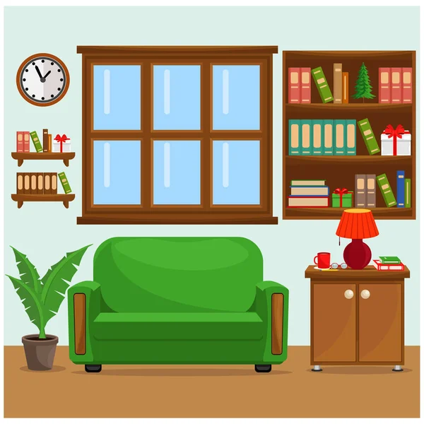 Vektorillustration mit Sofa, Bücherregal, Fenster und Lampe. Das Innere des Wohnzimmers. — Stockvektor