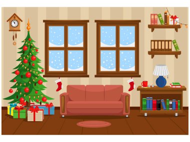 Vektör çizim mutlu Noel ve yeni yıl. Bir kanepe, bir kitaplık, Windows, bir Noel ağacı ve hediye tablo Oda.