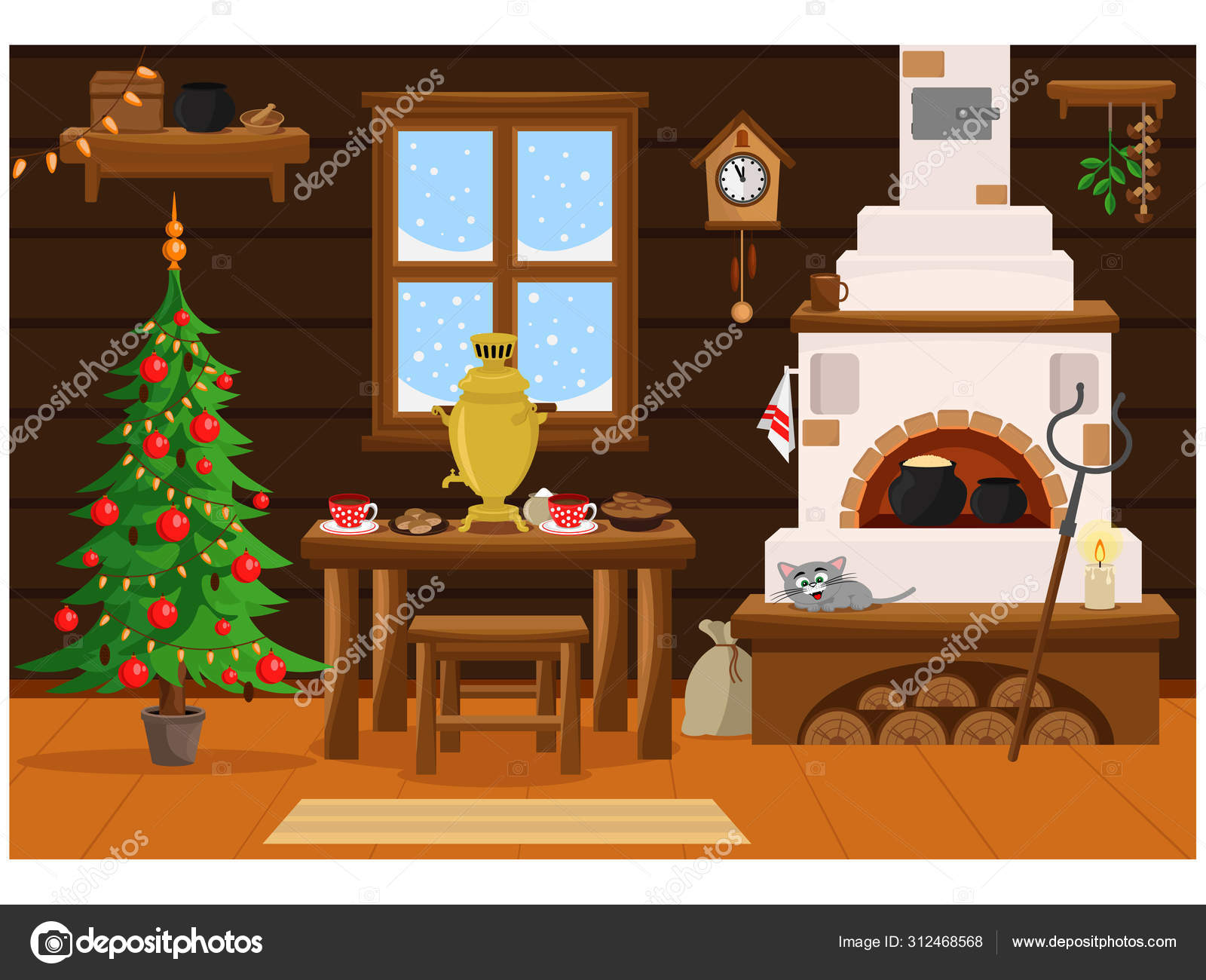在传统的俄罗斯厨房里，用火炉、家具和装饰过的圣诞树，以圣诞节和新年为主题的矢量插图. 图库矢量图©AlexanderKot 312468568