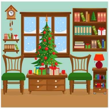 Noel ağacı, mobilya, pencere ve rahat bir tatil atmosferi olan bir Noel odasının vektör çizimi.
