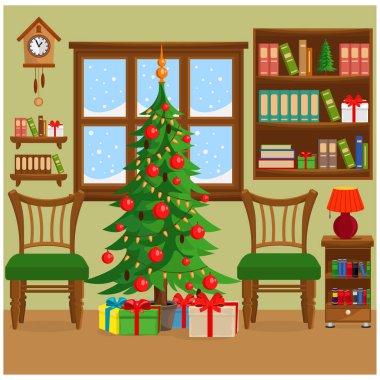 Noel ağacı, mobilya, pencere ve rahat bir tatil atmosferi olan bir Noel odasının vektör çizimi.