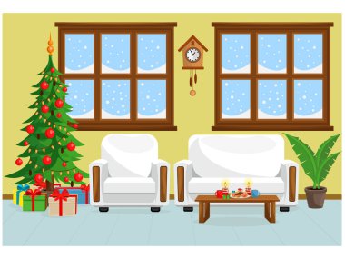 Noel ağacı, mobilya, pencere ve rahat bir tatil atmosferi olan bir Noel odasının vektör çizimi.