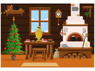 Geleneksel Rus mutfağında soba, mobilya ve dekore edilmiş Noel ağacı ile Noel teması üzerine vektör illüstrasyonu.