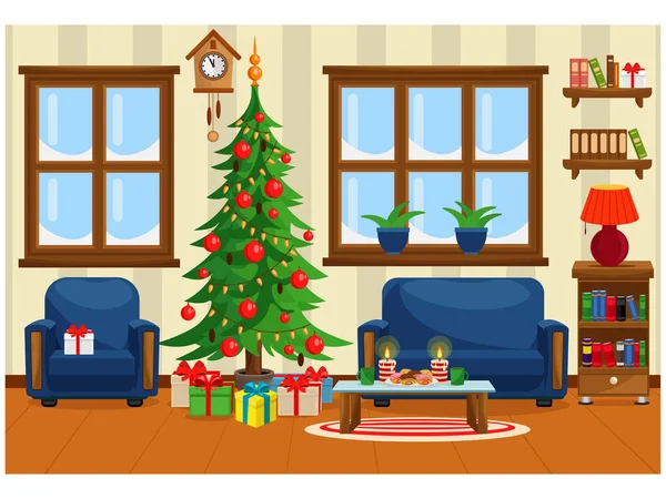 Vektorillustration av jul vardagsrum med granen, presenter, soffa, bord med godsaker och snötäckta fönster. — Stock vektor