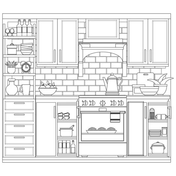 Coloring Theme Kitchen Interior Vector Illustration Coloring Book Adults Children — Stock Vector