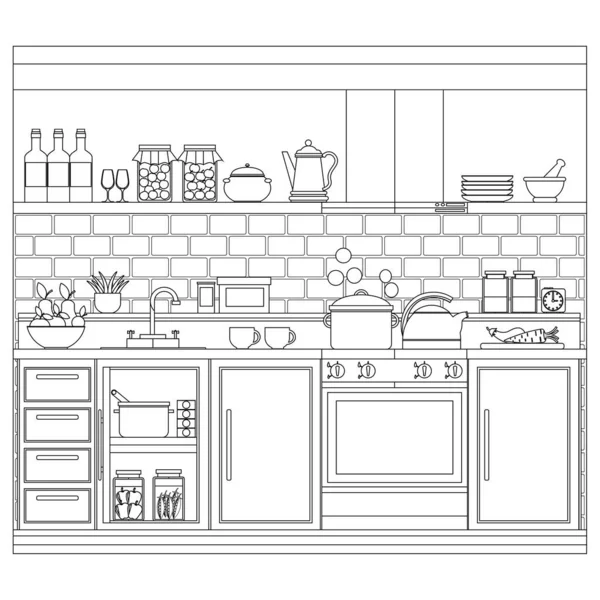 Coloring Theme Kitchen Interior Vector Illustration Coloring Book Adults Children — Stock Vector