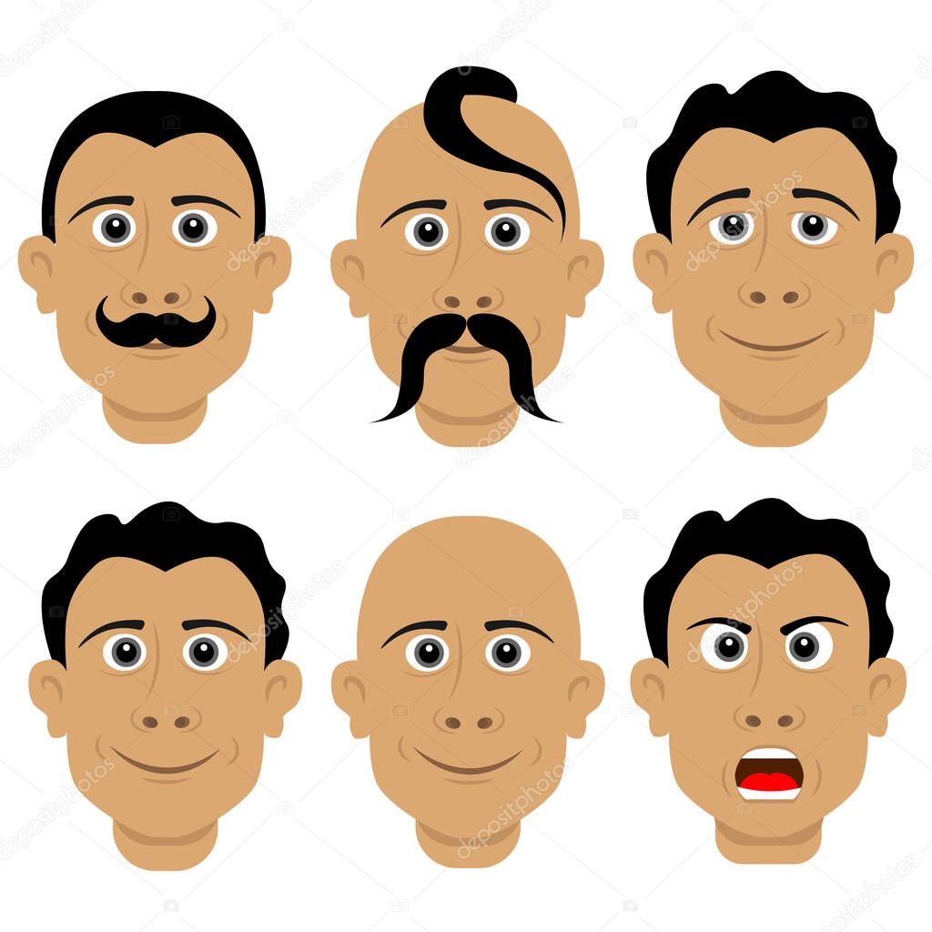 A set of different male faces with different hairstyles and emotions. Vector illustration on a white isolated background.