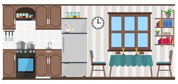 Cocina Comedor Con Muebles Equipo Comida Utensilios Ilustración Vectorial Sobre — Vector de stock