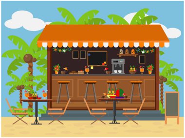 Sahilde dinlenmek için açık bir kafe. Tatil ve açık hava eğlencesi teması üzerine vektör illüstrasyonu.