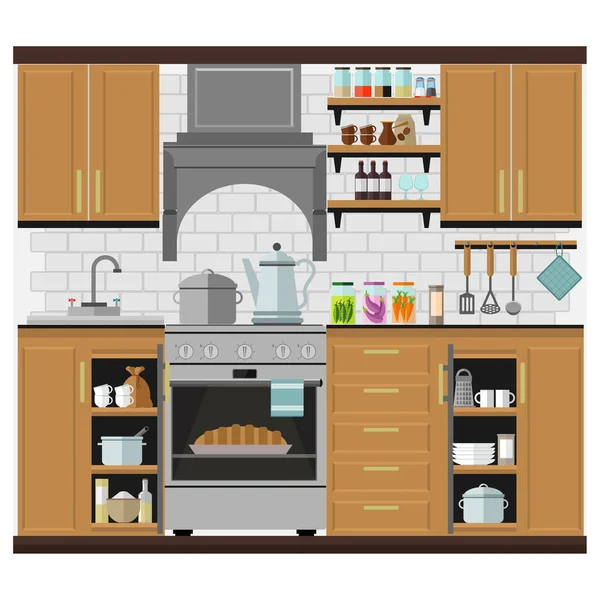 Cozy kitchen with furniture, food, dishes and equipment. Vector illustration on the theme of home interior and cooking.