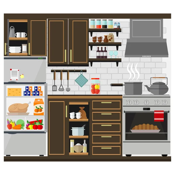 Gemütliche Küche Mit Möbeln Lebensmitteln Geschirr Und Geräten Vektor Illustration — Stockvektor