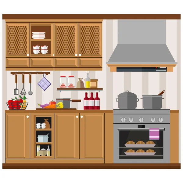 Затишна Кухня Меблями Їжею Посудом Обладнанням Векторні Ілюстрації Тему Домашнього — стоковий вектор