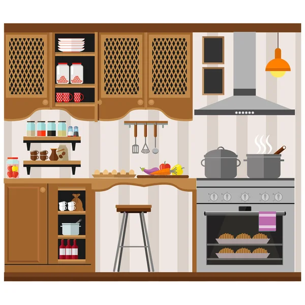 Acogedora Cocina Con Muebles Comida Vajilla Equipo Ilustración Vectorial Sobre — Archivo Imágenes Vectoriales