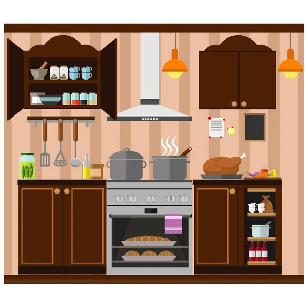 Przytulna Kuchnia Meblami Jedzeniem Naczyniami Sprzętem Wektor Ilustracji Temat Wnętrza — Wektor stockowy