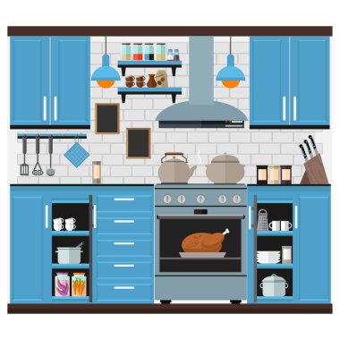Mobilya, yemek, tabak ve ekipmanlarla dolu rahat bir mutfak. Ev içi ve yemek pişirme teması üzerine vektör illüstrasyonu.