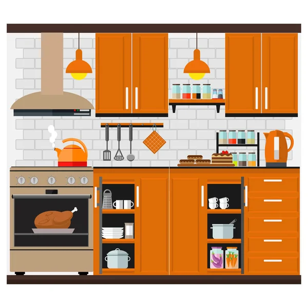 Уютная Кухня Мебелью Едой Посудой Оборудованием Векторная Иллюстрация Тему Домашнего — стоковый вектор