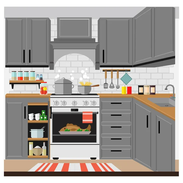 Acogedora Cocina Con Muebles Comida Vajilla Equipo Ilustración Vectorial Sobre — Archivo Imágenes Vectoriales