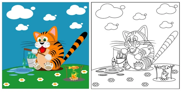 Livre Colorier Chat Attrape Des Poissons Pour Adultes Enfants Illustration — Image vectorielle