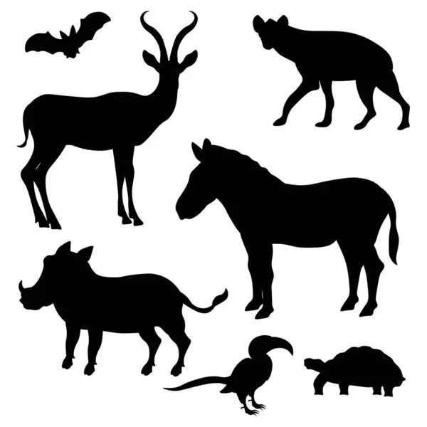 Набор Силуэтов Африканских Животных Саван Векторная Иллюстрация Черном Изолированном Фоне — стоковый вектор