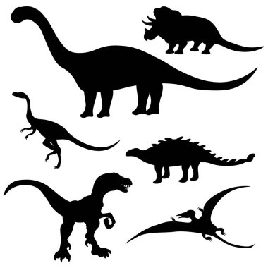 Beyaz izole bir zemin üzerinde farklı dinozor siluetleri vektör seti.